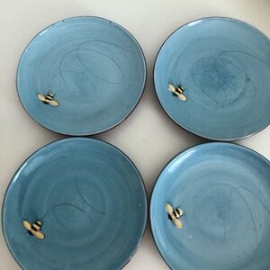 Pottery Barn Set of Four Blue Plates with Bumble Bee Design
